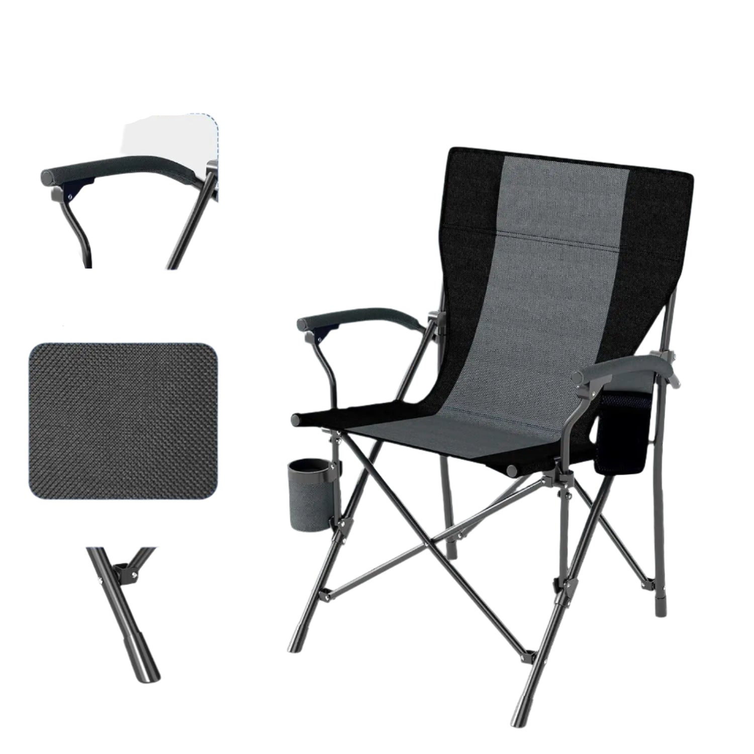 Klappbarer Campingstuhl mit Getränkehalter & Seitentasche – Faltbarer Angelstuhl Schwarz/Grau