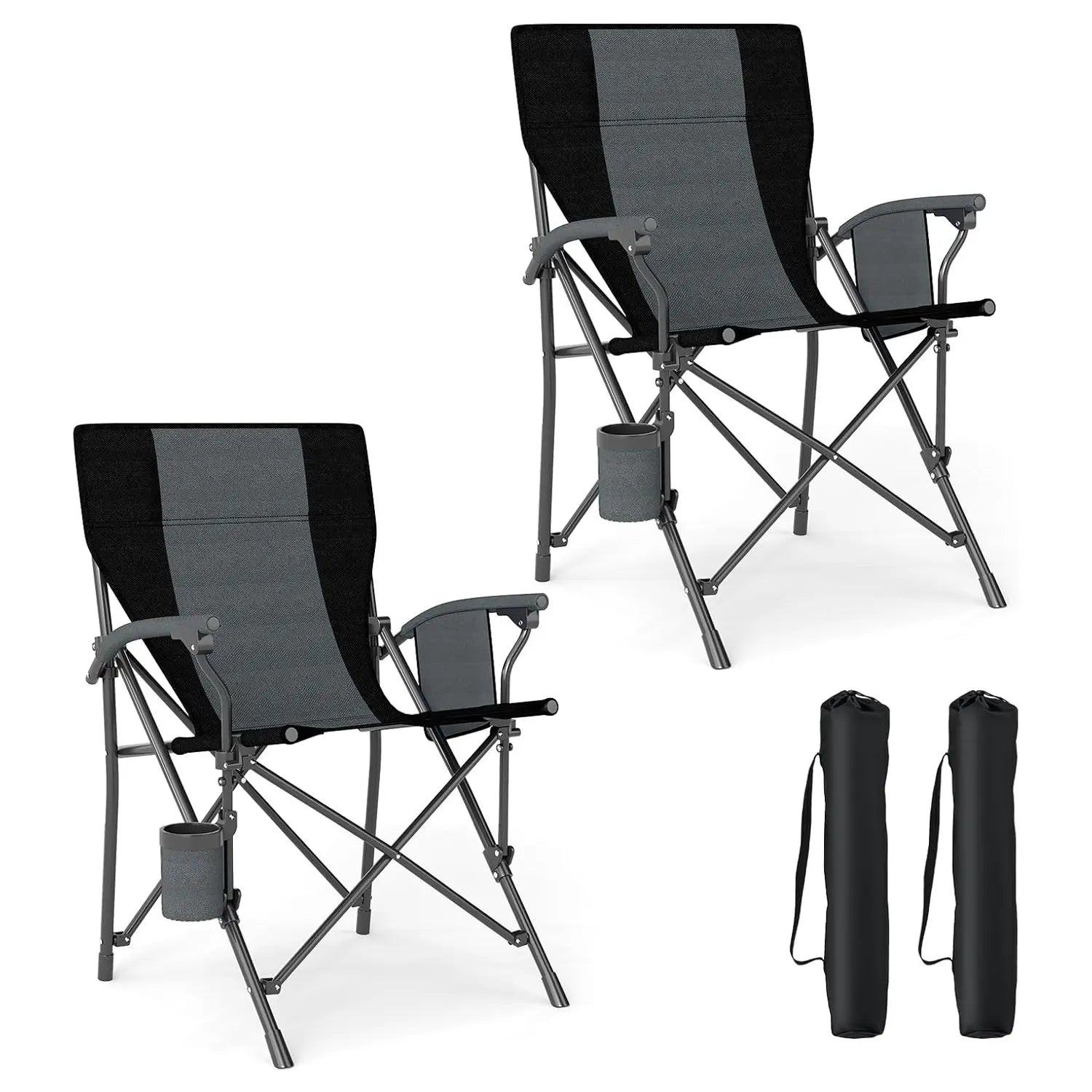 Klappbarer Campingstuhl mit Getränkehalter & Seitentasche – Faltbarer Angelstuhl Schwarz/Grau